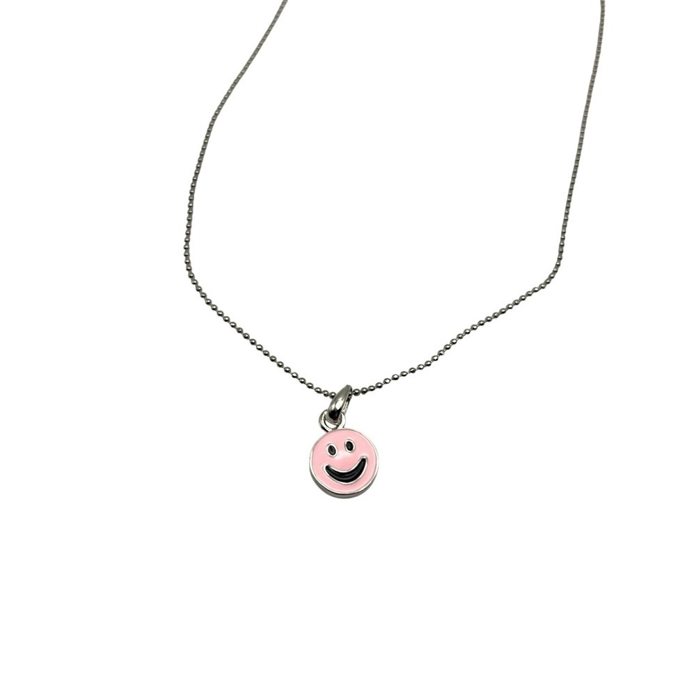 Smiley Face Pendant Necklace Pink Enamel Silver Tone Ball Chain Kidcore Kawaii